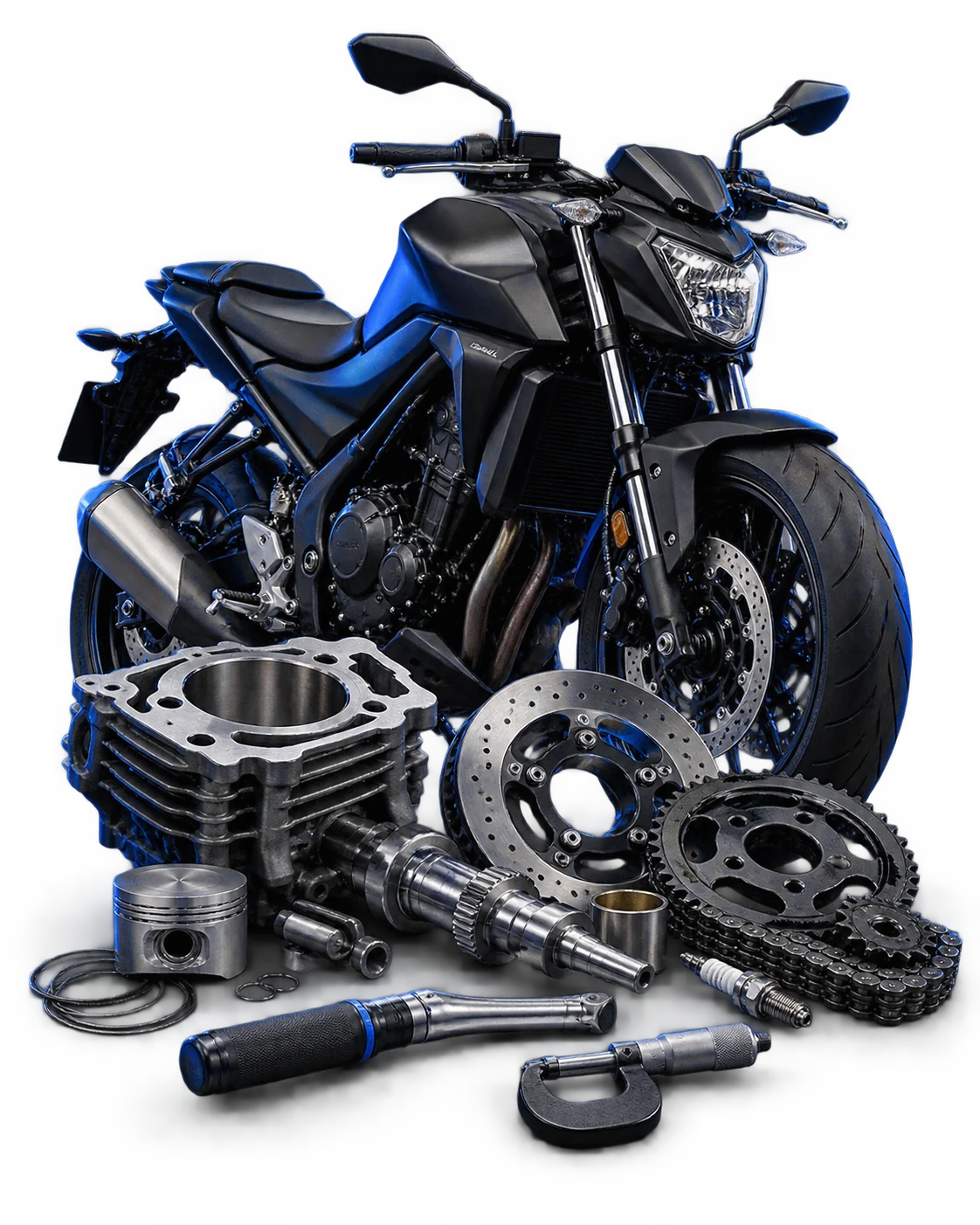 Moto naked preta com cilindro retificado, pistão, eixo torneado, disco de freio, kit de relação e ferramentas de medição